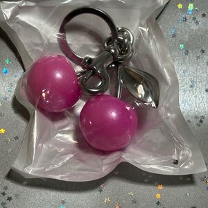 Bright Pink Cherry Bag Charm/ Keychain with silver tone hardware - Accessory